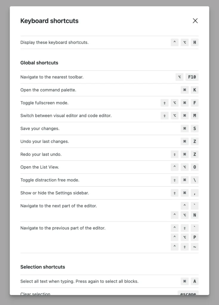 Gutenberg Keyboard Shortcuts